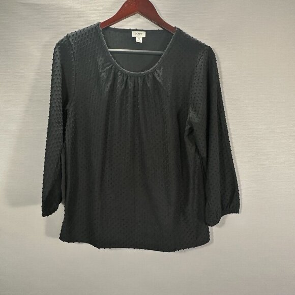 J Crew Blouse Womens Medium Poet Sleeve Clip Dot Top Black Popover Shirt - Picture 1 of 6